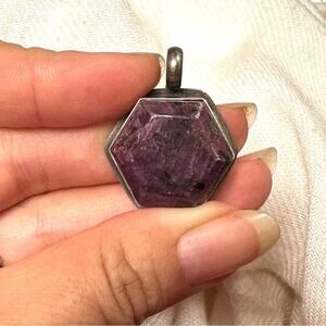 Natural Hexagon Ruby Pendant – Star Signature Back Charm w/ Metal Setting
